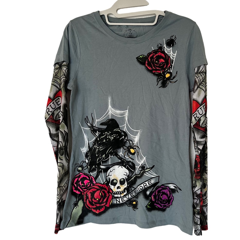 The Raven by Edgar Allan Poe Themed Tattoo Mesh Long Sleeve T-Shirt Size M
